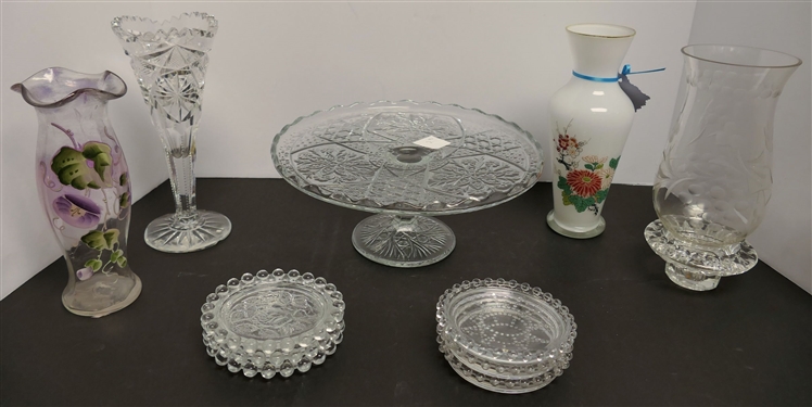 11 Pieces of Glassware including 8 Hand Painted White Glass Vase, 7 Hand Painted Amethyst Vase, Cake Stand, and Coasters- Cut Glass Vase Has Many Chips