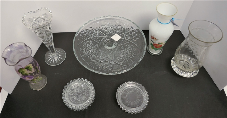 11 Pieces of Glassware including 8 Hand Painted White Glass Vase, 7 Hand Painted Amethyst Vase, Cake Stand, and Coasters- Cut Glass Vase Has Many Chips