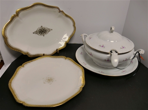 2 Limoges Platters with Gold Trim - Largest Measures 16 and Made in Poland Tureen with Underplate and Ladle 
