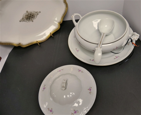 2 Limoges Platters with Gold Trim - Largest Measures 16 and Made in Poland Tureen with Underplate and Ladle 