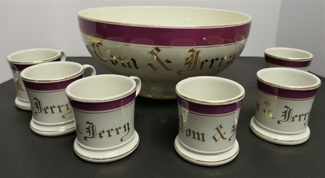 7 Piece Dresden "Tom & Jerry" Punch Bowl and Cup Set - Bowl Measures 12" Across - Bowl Has Surface Hairline and Overall Crazing 