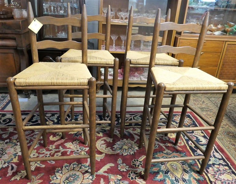 4 Oak Rush Bottom Bar Stools - Measuring 28" to Seat