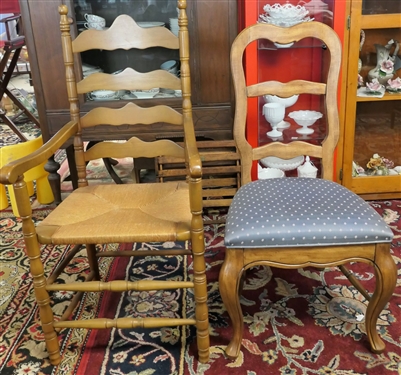 2 Chairs - Rush Bottom Arm Chair with Turned Legs and Posts and French Style Side Chair with Blue Upholstery 