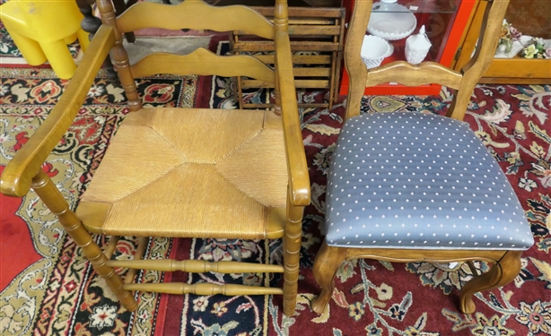 2 Chairs - Rush Bottom Arm Chair with Turned Legs and Posts and French Style Side Chair with Blue Upholstery 