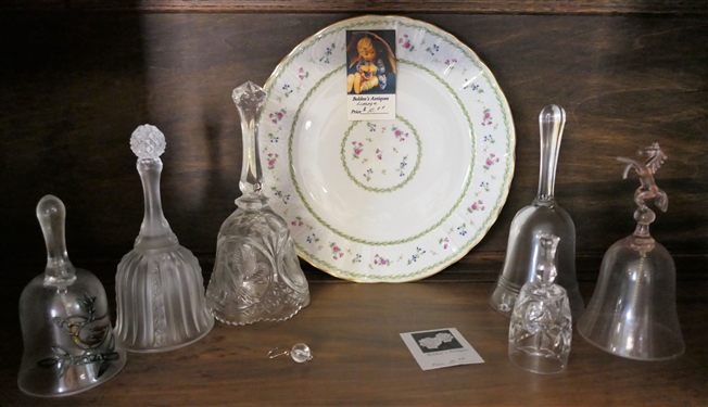 Lot of Glassware and China including Bells, Limoges Plate, Reproduction Roseville, Fruit Bowl and Pitcher, Floral Bowls and Plates