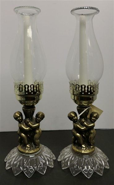 Pair of Metal and Glass Cherub Candle Sticks with Glass Shades - Measuring 16" Tall 