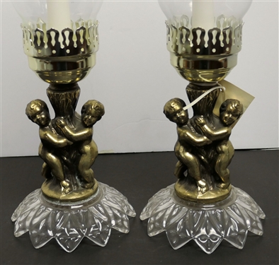 Pair of Metal and Glass Cherub Candle Sticks with Glass Shades - Measuring 16 Tall 
