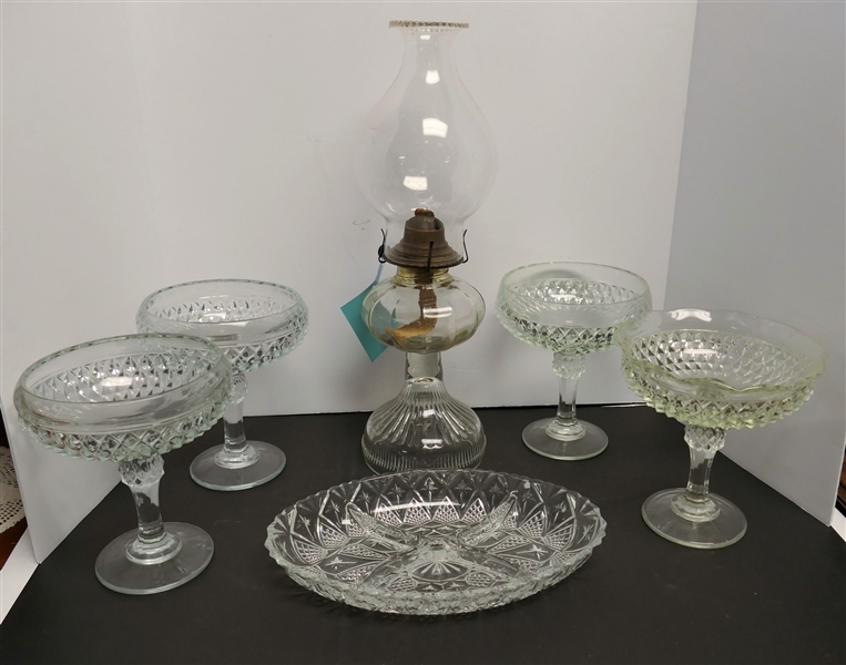 5 Pieces of Clear Glassware including Oval Divided Dish, Clear Glass Oil Lamp, Diamond Point Compotes, and Diamond Point Center Piece