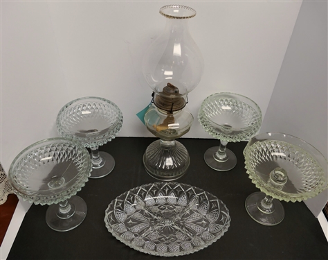 5 Pieces of Clear Glassware including Oval Divided Dish, Clear Glass Oil Lamp, Diamond Point Compotes, and Diamond Point Center Piece