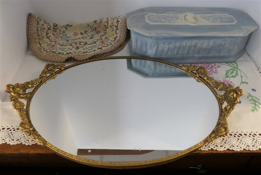 Gold Mirrored Dresser Tray and Inoclay Stone Dresser Box with Cameo on Top- Box Measures 3" tall 12" by 5 1/2" 