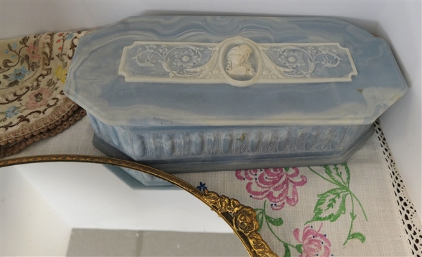 Gold Mirrored Dresser Tray and Inoclay Stone Dresser Box with Cameo on Top- Box Measures 3 tall 12 by 5 1/2 