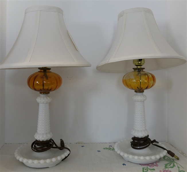 Pair of Milk Glass Amber Flash Bedroom Lamps - Measuring 17" Tall 
