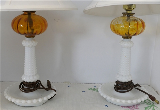 Pair of Milk Glass Amber Flash Bedroom Lamps - Measuring 17 Tall 