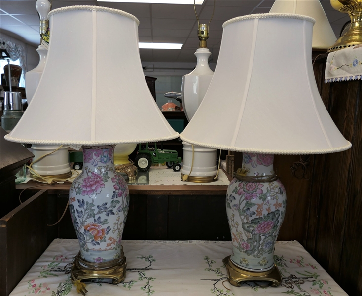 Pair of Asian Style Floral Lamps with Brass Bases  - Measuring 20" To Bulb