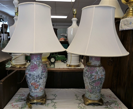 Pair of Asian Style Floral Lamps with Brass Bases  - Measuring 20 To Bulb