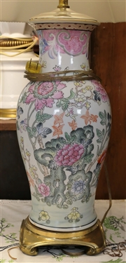 Pair of Asian Style Floral Lamps with Brass Bases  - Measuring 20 To Bulb