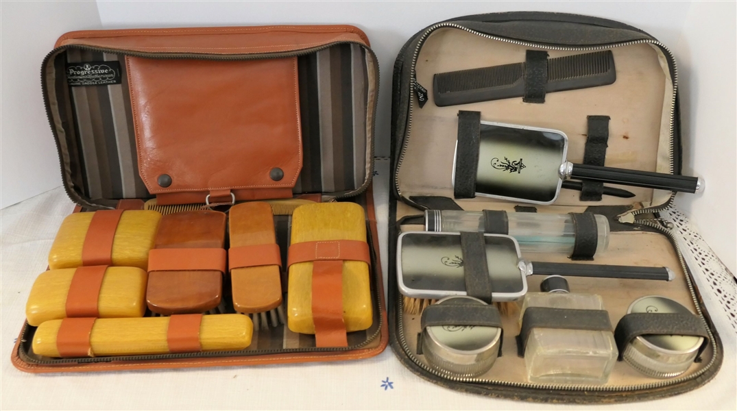 2 Dresser Set in Original Cases - Progressive Saddle Leather Case with Bakelite Brushes 