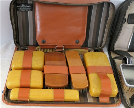 2 Dresser Set in Original Cases - Progressive Saddle Leather Case with Bakelite Brushes 