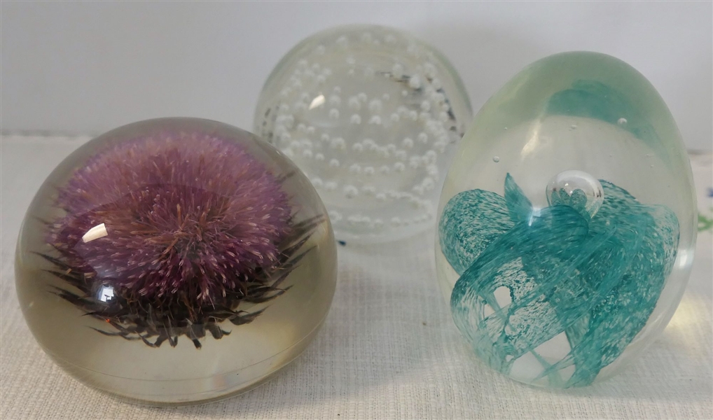 3 Paperweights - Clear Lucite with Thistle Flower, Blue Flower, and Clear with Bubbles - Oval Measures 3 1/2" Tall 