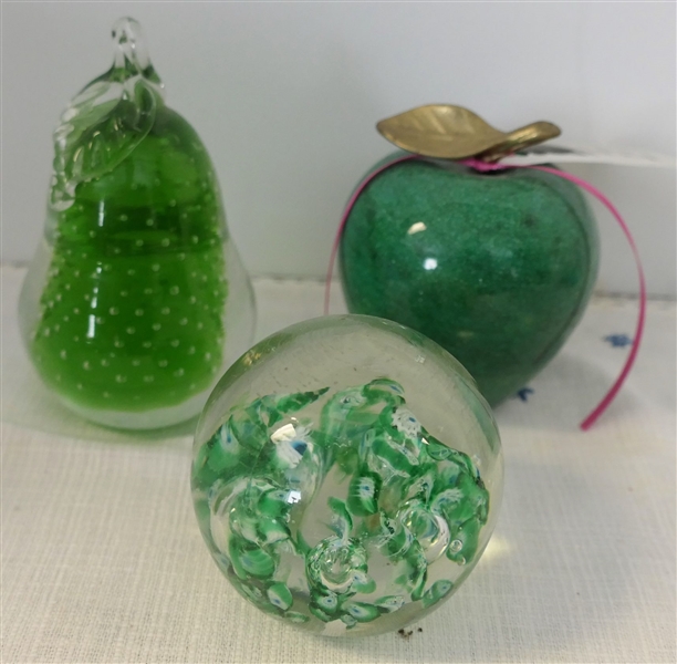 3 Paperweights  - Green Marble Apple, Green Pear, and Green Milifiore - Apple Measures 3 1/4" Tall 