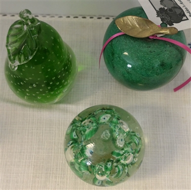 3 Paperweights  - Green Marble Apple, Green Pear, and Green Milifiore - Apple Measures 3 1/4 Tall 