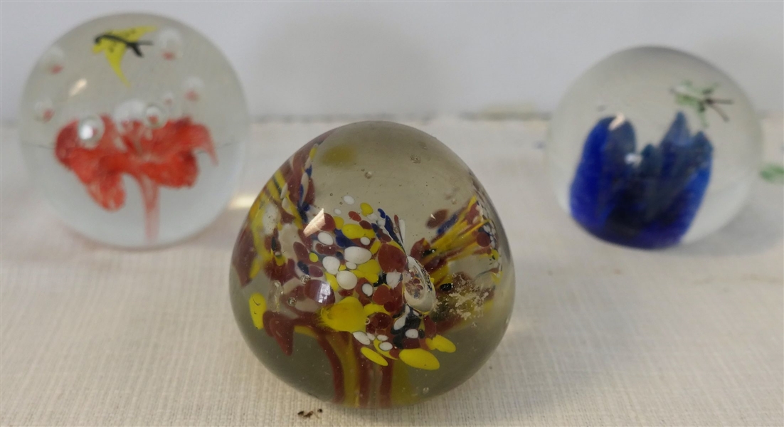 3 Art Glass Paperweights - 2 with Butterflies and flowers and Brown, Yellow, and White - Orange Flower Measures 2" Tall 
