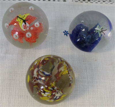 3 Art Glass Paperweights - 2 with Butterflies and flowers and Brown, Yellow, and White - Orange Flower Measures 2 Tall 