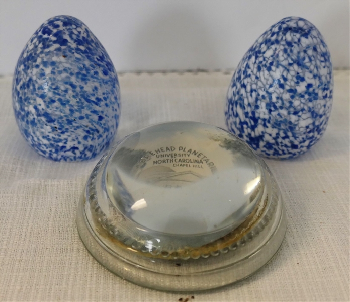 2 Blue and White Egg Paperweights and "The Morehead Planetarium" Paperweight - Egg Measures 2 1/2" Tall 