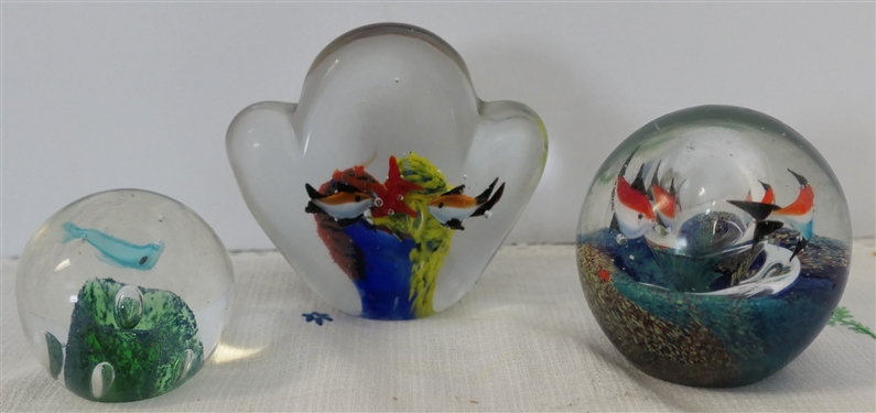3 Art Glass Paperweights with Fish - Largest Measures 3 1/2 Tall 