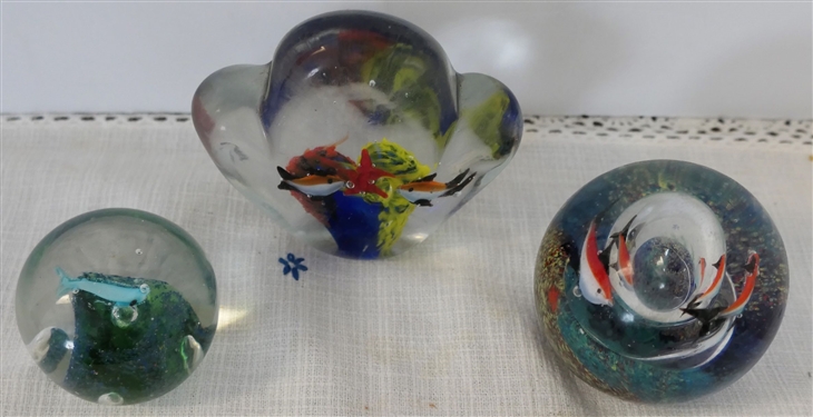 3 Art Glass Paperweights with Fish - Largest Measures 3 1/2 Tall 