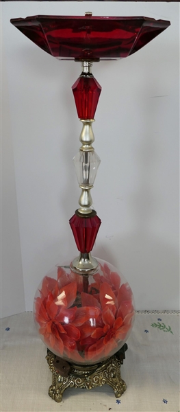 1970s Glass and Plastic Ash Tray with Lighted Floral Base - Ruby Red Glass Top - Measures 25 1/2" Tall 