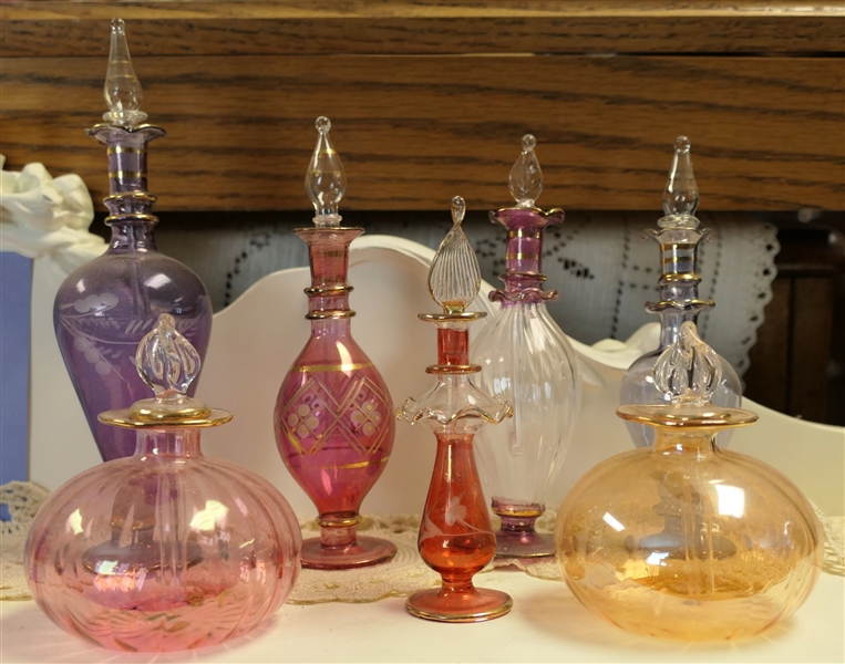 7 Venetian Glass Perfume Bottles -Largest Purple Bottle Measures 6 1/2"