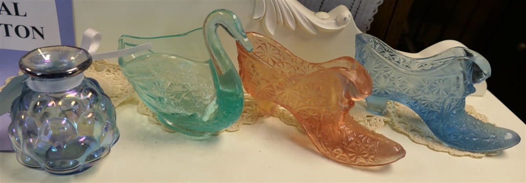 4 Pieces of Fenton - 2 Shoes, Swan, and Small Quilted Vase - Vase Measures 2 1/2 Tall 