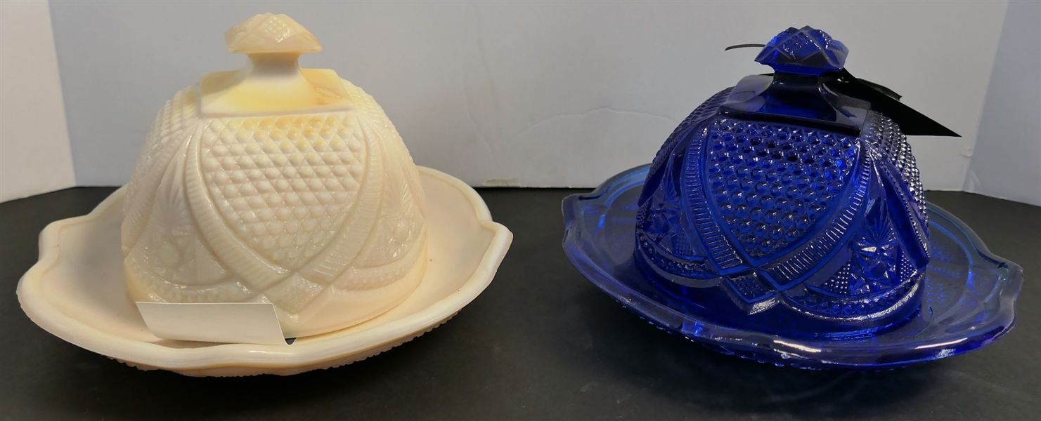 2 Butter Dishes - Peach Colored Milk Glass and Cobalt Blue - Blue Has Small Nick 