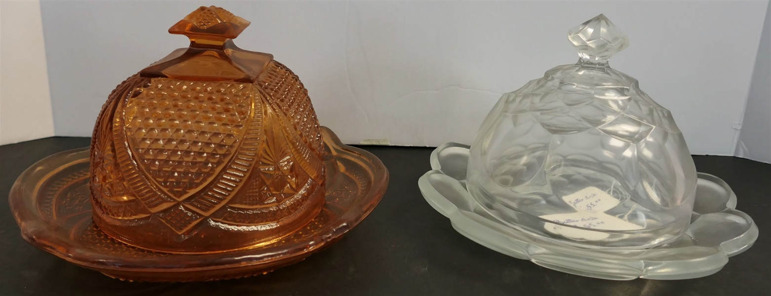 2 Press Glass Butter Dishes - Peach Colored Glass and Clear Glass 