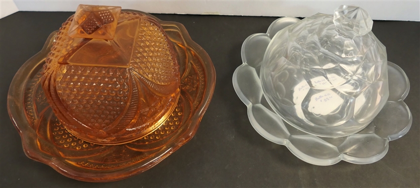 2 Press Glass Butter Dishes - Peach Colored Glass and Clear Glass 