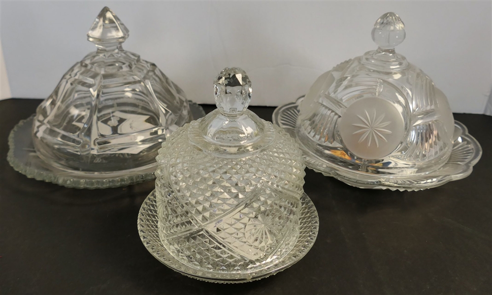 3 Press Glass Butter Dishes - Smallest Diamond Point Measures 5" tall 5" Across, Satin Stars, and Other Clear 