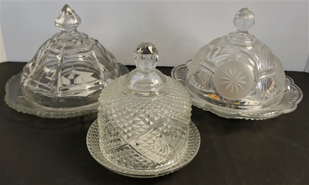 3 Press Glass Butter Dishes - Smallest Diamond Point Measures 5 tall 5 Across, Satin Stars, and Other Clear 