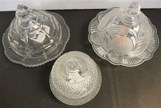3 Press Glass Butter Dishes - Smallest Diamond Point Measures 5 tall 5 Across, Satin Stars, and Other Clear 