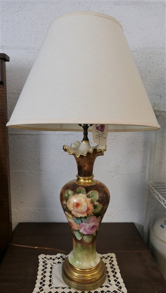 Hand Painted Floral Table Lamp with Brass Base - Measures 24" to Bulb