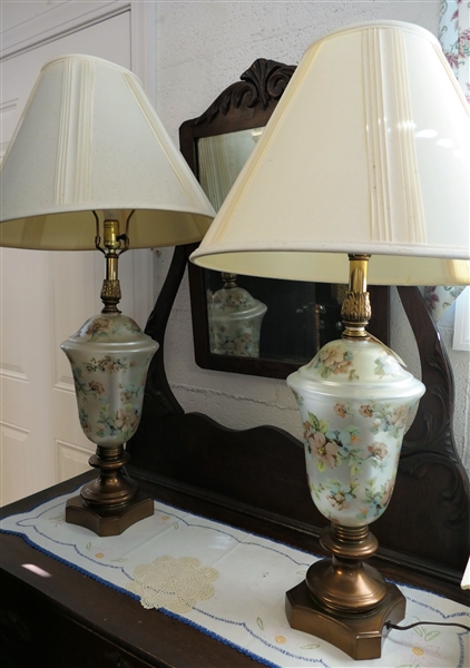 Pair of Hand Painted Floral Lamps with Gold Tone Bases and Collars - Lamps Measure 24" tall 