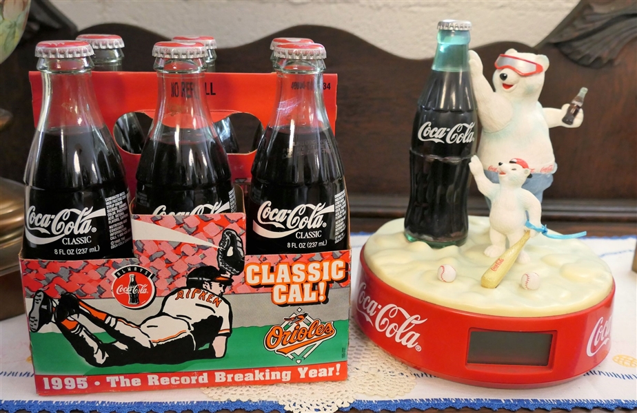 Coca Cola Bear Clock and Coca Cola 1982 Orioles 6 Pack of Bottles 