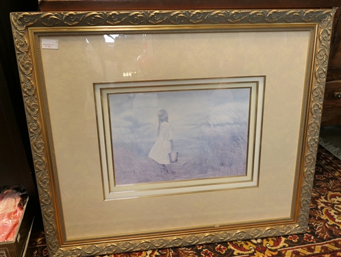 Nice Gold Gilt Frame with Triple Mat and Print of Girl on Beach - Print is Sun Faded - Frame Measures 31 by 37 