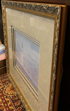 Nice Gold Gilt Frame with Triple Mat and Print of Girl on Beach - Print is Sun Faded - Frame Measures 31 by 37 