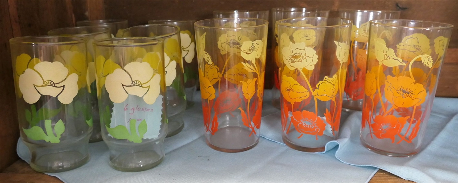 12 Mid Century Floral Glasses - 6 with Yellow Flowers and 6 with Red and Orange Flowers 