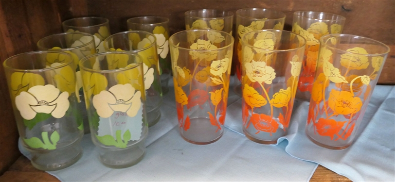 12 Mid Century Floral Glasses - 6 with Yellow Flowers and 6 with Red and Orange Flowers 