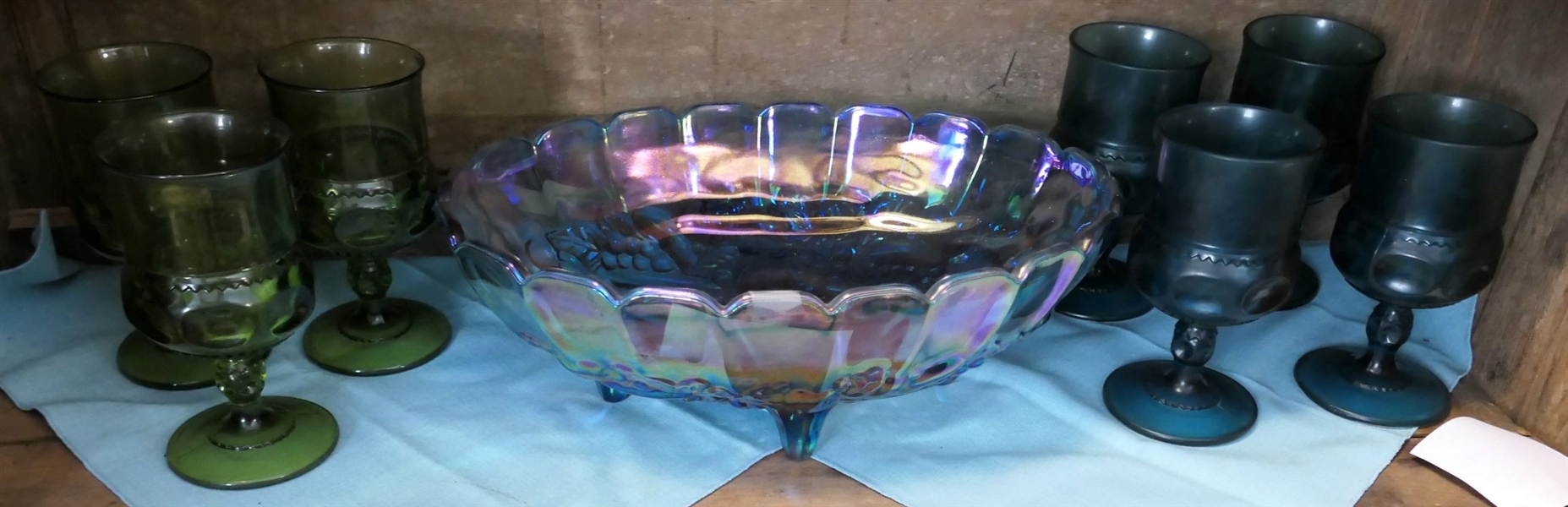 Oval Blue Iridized Footed Bowl 12" Across, 4 Blue Kings Crown Glasses, and 3 Olive Green Kings Crown 