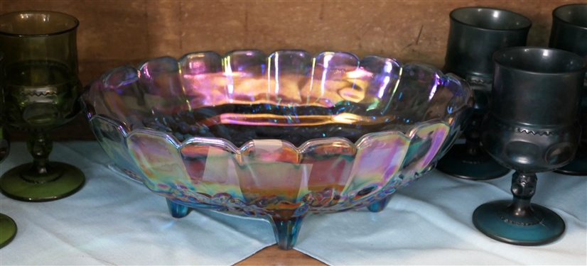 Oval Blue Iridized Footed Bowl 12 Across, 4 Blue King's Crown Glasses, and 3 Olive Green King's Crown 