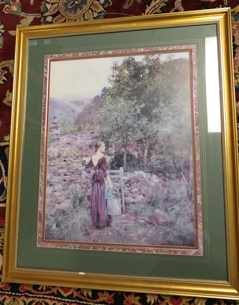 Framed and Triple Matted Print of Girl with Water Bucket - Frame Measures 39 1/2" by 33" 