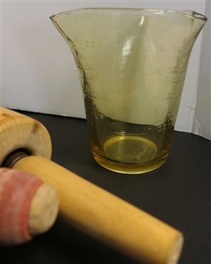 2 Wood Rolling Pins, Mixer, Glass Measuring Cup, Beaters, and Can Opener - 7 Pieces